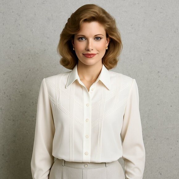 Kathy Che Vintage 80s White Silky Button Down Blouse Size 12 Career Classic Prep - Picture 1 of 6